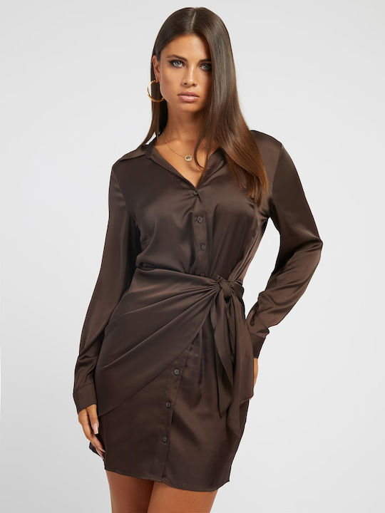 Alya Mini Evening Shirt Dress Satin Wrap Dark Brown
