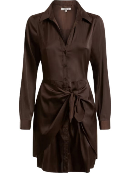 Alya Mini Evening Shirt Dress Satin Wrap Dark Brown