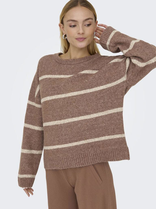 Women's Long Sleeve Sweater Woolen Striped Brown, Beige