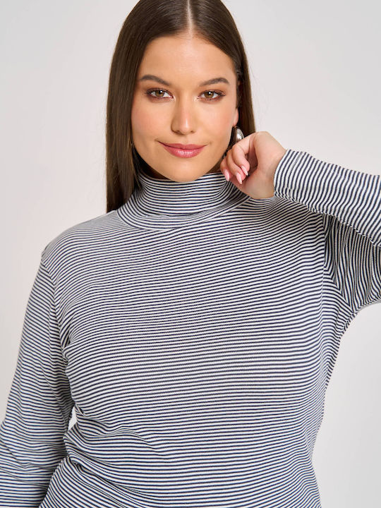 Women's Blouse Cotton Turtleneck Striped Gray