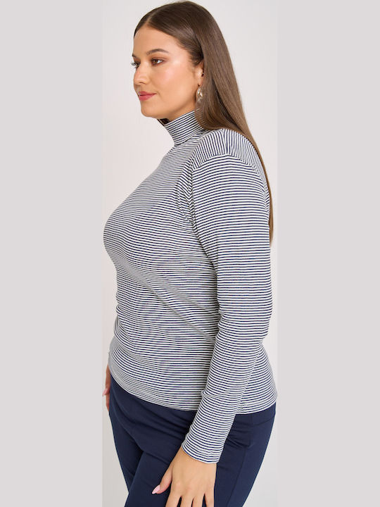 Women's Blouse Cotton Turtleneck Striped Gray