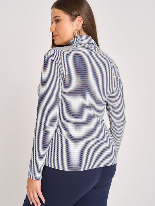 Women's Blouse Cotton Turtleneck Striped Gray