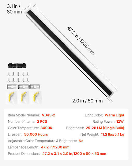 Vevor Wandmontiertes Lineares Beleuchtungsgerät LED IP65 12W mit Warmweißem Licht Doppelstrahl