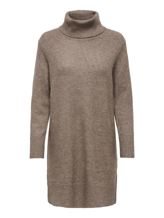 Mini Knitted Turtleneck Brown Dress