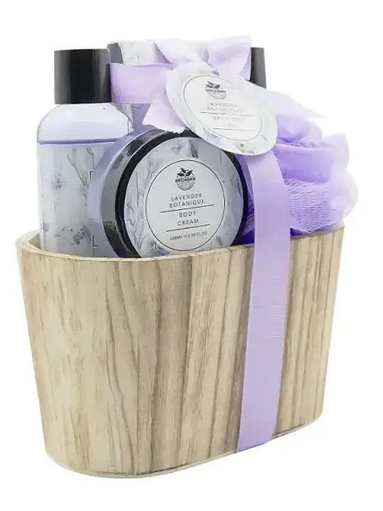 Becasan Wooden Bucket Set Lavender Botanique Hautpflegeset für Feuchtigkeitsspendend & Reinigung Körperreinigung Holzgehäuse 15,5 x 18,5 x 7,5 cm 5Stück