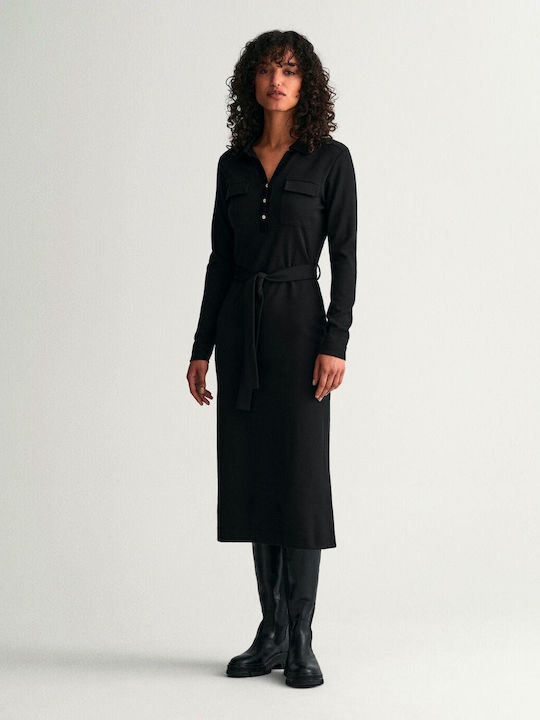 Midi Shirt Dress Long Sleeve Knitted Black