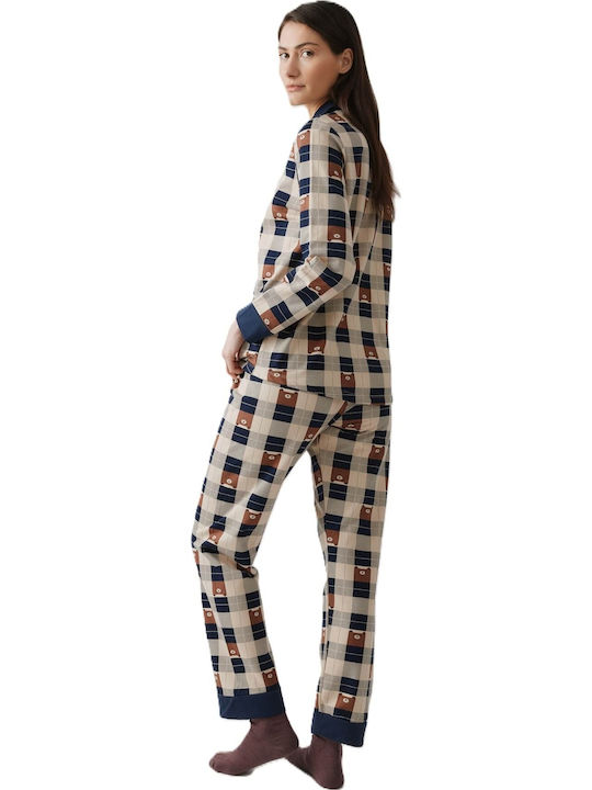Minerva Winter Women's Cotton Pyjama Set Beige-Brown