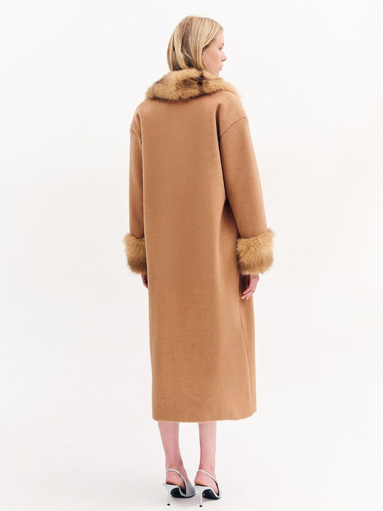 Damen Camel Mantel mit Fellbesatz