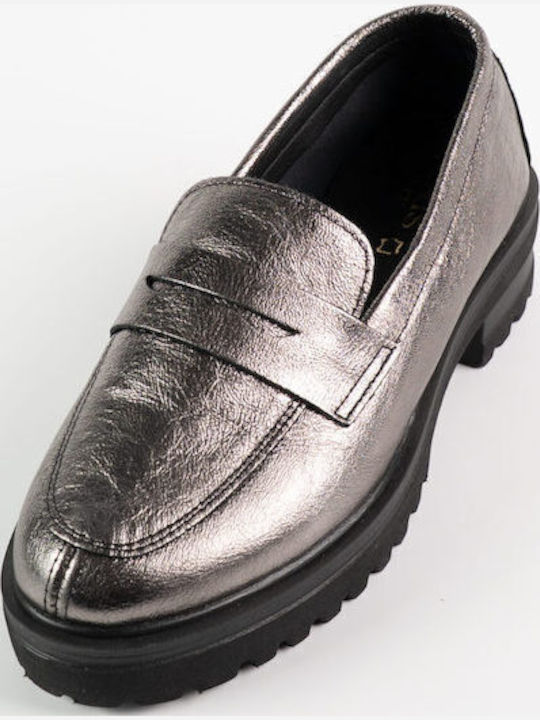 Δερμάτινα Γυναικεία Loafers σε Ασημί Χρώμα