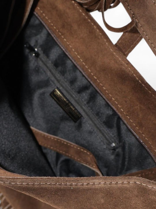Leather Women's Suede Shoulder Bag with Fringes Dark Brown