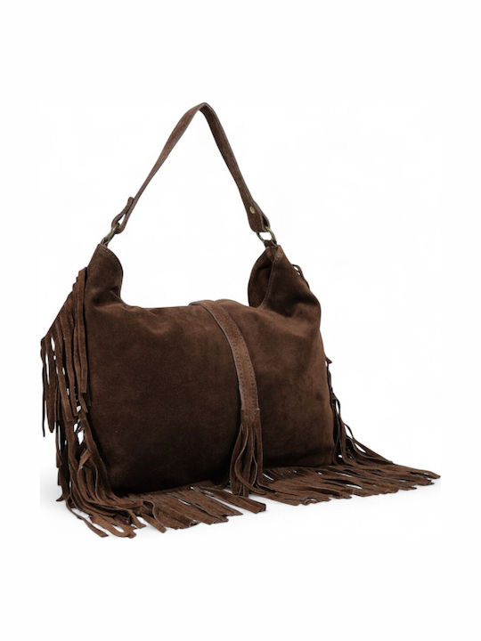 Leather Women's Suede Shoulder Bag with Fringes Dark Brown