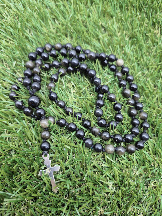 Rosary of Gold Obsidian – Semi-Precious Stone Beads Silver Cross