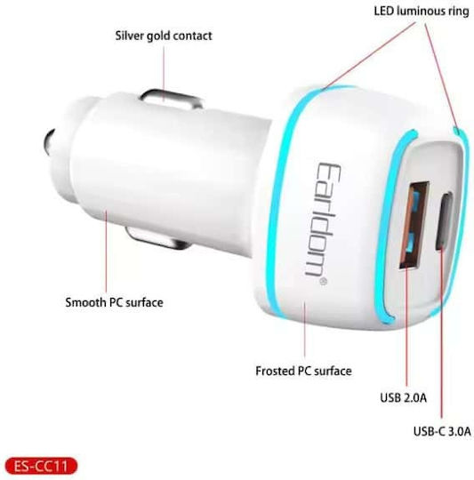 Earldom Es-cc11 Type-C Faster Car Charger 18W White