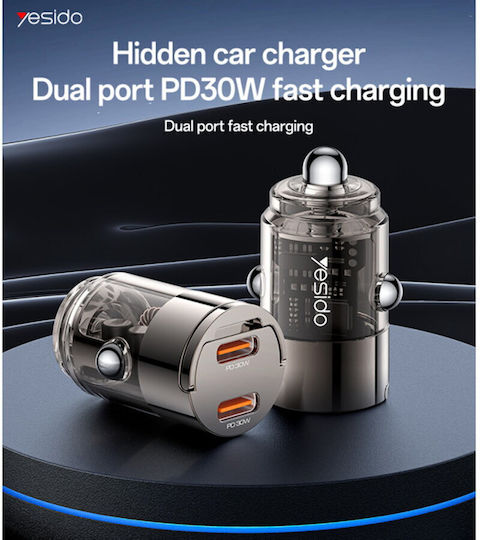 Yesido Car Charger 30W 3A Fast Charging with Ports 2xType-C Black Colour