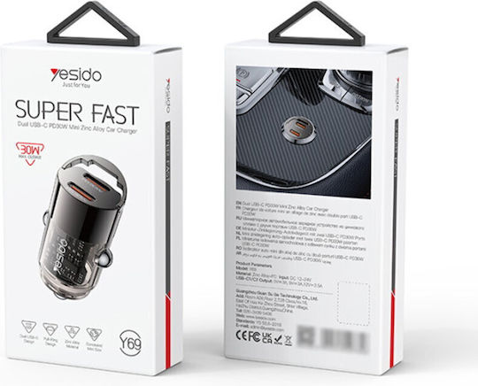 Yesido Car Charger 30W 3A Fast Charging with Ports 2xType-C Black Colour