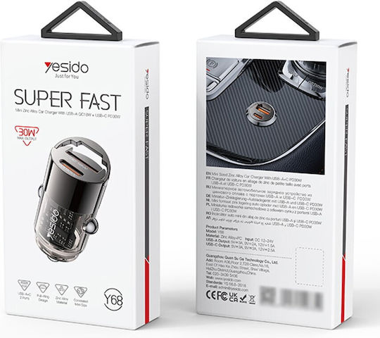 Yesido Car Charger 30W Fast Charging with Ports 1xUSB-A 1xType-C with Type-C Cable Black Colour