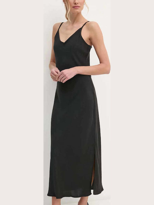 Καλοκαιρινό Midi Βραδινό Φόρεμα Σατέν Black