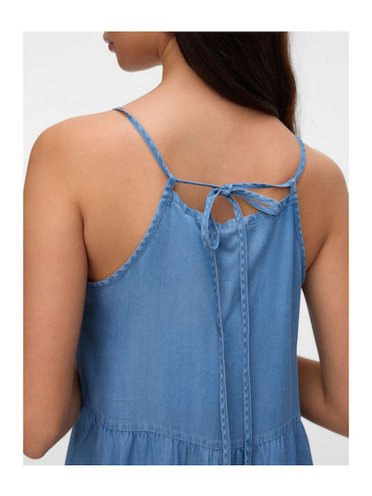 Summer Midi Denim Dress with Ruffles Medium Blue Denim