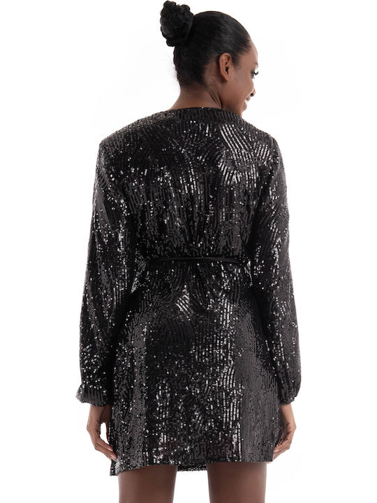 Mini Evening Satin Dress with Wrap Black & White