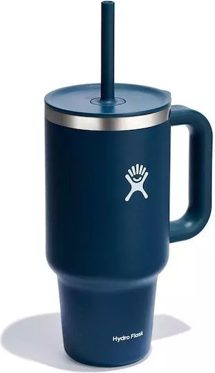 Hydro Flask Travel Tumbler Handled Tumbler Thermos Bottle Stainless Steel BPA Free 946ml Indigo With Straw And Handle