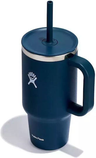 Hydro Flask Travel Tumbler Handled Tumbler Thermos Bottle Stainless Steel BPA Free 946ml Indigo With Straw And Handle