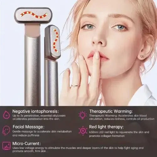 4 in 1 Skin Care Wand with Red Light for Face, Eyes, and Neck Rose Gold