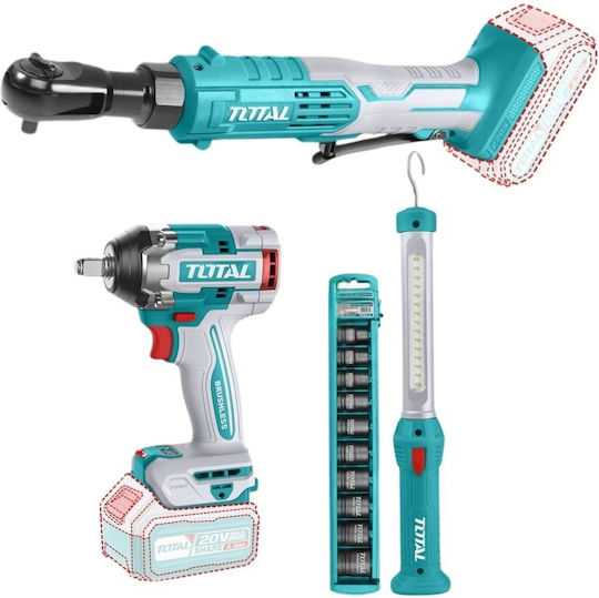 Total TOSLI240461E Set Ratchet & Workshop Lamp & Impact Driver Brushless 20V with 2 Batteries 4Ah