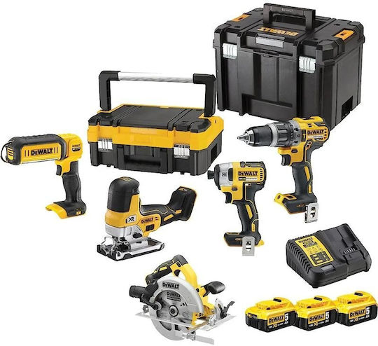 DEWALT DCK500P3T Set Kreissäge & Bohrschrauber & Schlagschraubendreher & Stichsäge & Objektiv Brushless 18V mit 3 Batterien 5Ah und Hülle