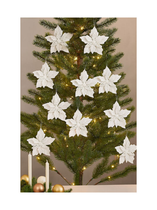 Set 10 Ornamente de Crăciun pentru Brad Floare 12 Cm Sclipici Plastic Albe