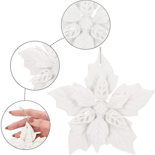Set 10 Christmas Flowers 12 Cm Glitter Ornaments Plastic White