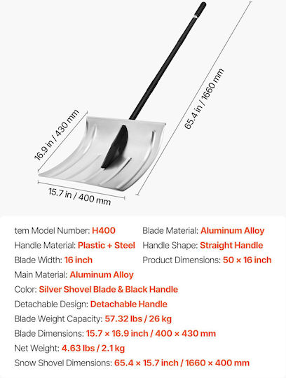 Vevor Snow Shovel Road 40cm Wide Snow Shovel Aluminum Alloy Handle Anti-Slip Surface High Capacity Snow Shovels Detachable Lightweight Snow Removal Tool Garden Car Camping Outdoor Spaces