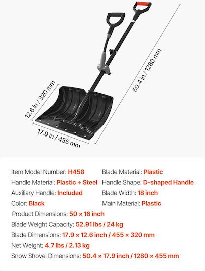 Vevor Snow Shovel Road Snow Shovel Width 45.5 cm Auxiliary D-Shaped Handles Non-Slip High Capacity Handle Snow Shovels Lightweight Snow Removal Tool Garden Car Camping Outdoor Spaces