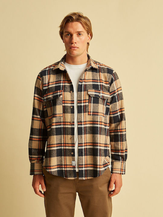 Μακρυμάνικo Φανελένιο Overshirt σε Κανονική Γραμμή Καρό Χακί