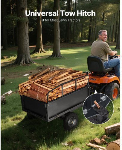 Vevor Garden Utility Trailer 17 Cubic Feet Capacity 272 kg ATV UTV Steel Transport Trailer 16" Tires Manual Pull or Foot Operated Heavy Duty Towable Lawn Tractor