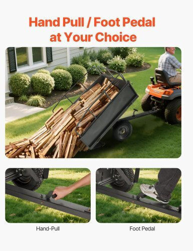 Vevor Garden Utility Trailer 17 Cubic Feet Capacity 272 kg ATV UTV Steel Transport Trailer 16" Tires Manual Pull or Foot Operated Heavy Duty Towable Lawn Tractor