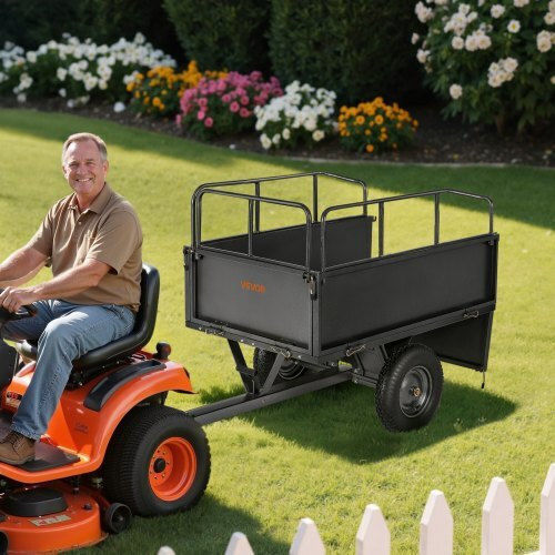 Vevor Garden Utility Trailer 17 Cubic Feet Capacity 272 kg ATV UTV Steel Transport Trailer 16" Tires Manual Pull or Foot Operated Heavy Duty Towable Lawn Tractor
