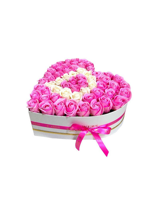 Aranjament Floral Personalizat Litera Cutie Inima Alb 55 Trandafiri Săpun Roz-alb