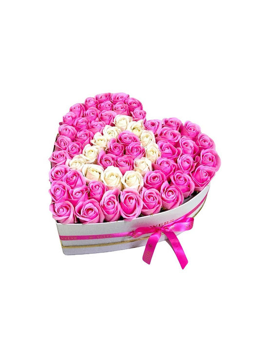 Aranjament Floral Personalizat Litera Cutie Inima Alb 55 Trandafiri Săpun Roz-alb