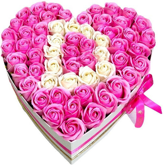 Custom Floral Arrangement Letter White Heart Box 55 Pink-White Soap Roses