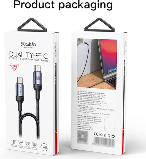 Yesido USB 2.0 Cable USB-C male - USB-C 60W Μαύρο 1.2m