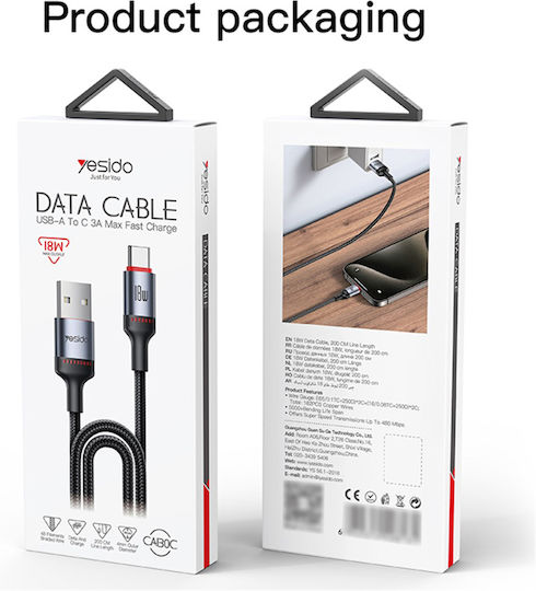 Yesido USB 2.0 Kabel USB-C männlich - USB-A 18W Schwarz 2m