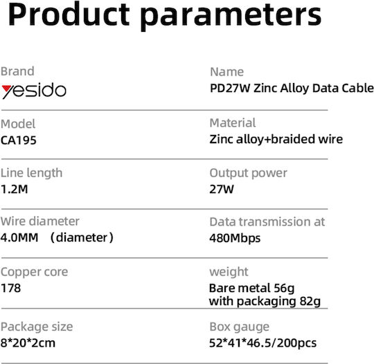 Yesido USB-C to Lightning Cable 27W Μαύρο 1.2m