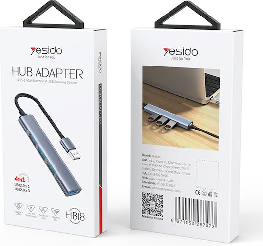 Yesido Hub 4 Θυρών USB 3.0 με σύνδεση USB-A Γκρι