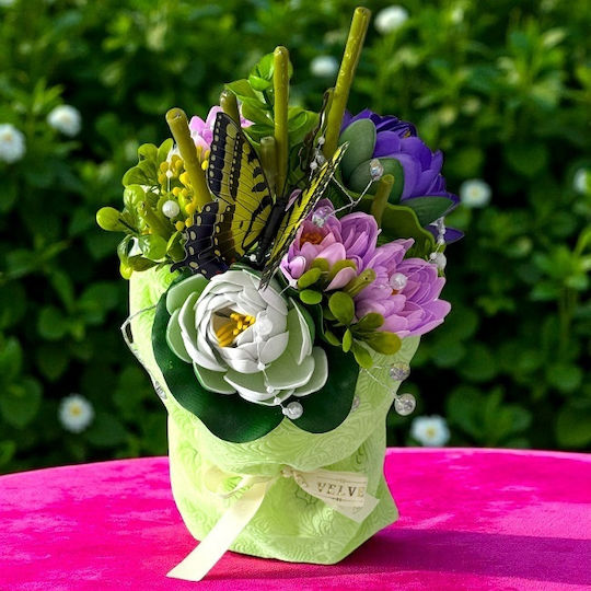 Buchet Floral Symphony Săpun Nuferi Flori Artizanale Decorative Plante Verzi Cristale Șirag De Perle Verde-Violet