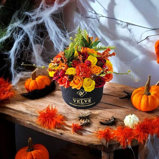 Halloween Floral Arrangement Amber Dream In Round Box 49 Soap Roses Carnations Pumpkins Acorns Mushrooms