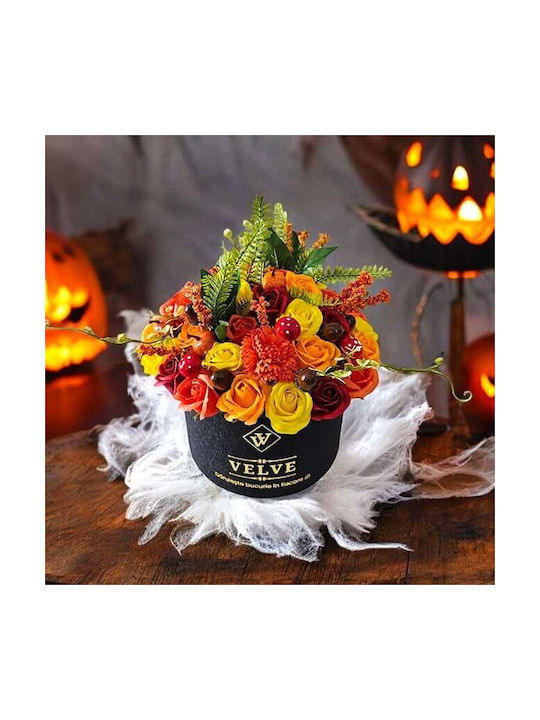 Aranjament Floral De Halloween Amber Dream În Cutie Rotundă 49 Trandafiri Săpun Crizanteme Dovleci Alune Ciuperci
