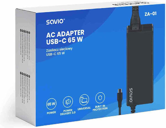 Savio USB-C Universal Φορτιστής Laptop 65W 20V 3A με Αποσπώμενο Καλώδιο Τροφοδοσίας
