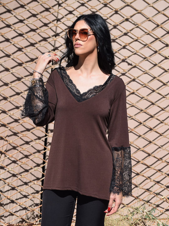 Plus Size Women's Blouse Long Sleeve with V Neckline Brown