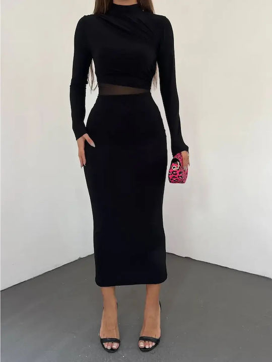 Midi Abendkleid mit Tüll und Transparenz Schwarz
