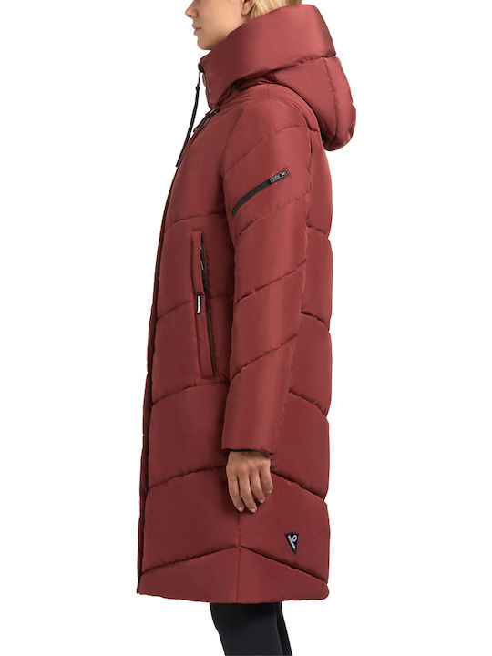 Women's Long Puffer Jacket Waterproof for Winter with Hood Red